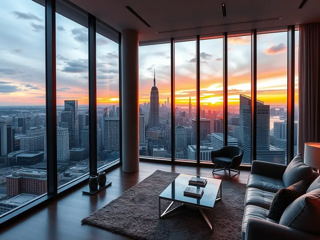 A modern Miami condo interior with floor-to-ceiling windows showcasing a vibrant city skyline at sunset, emphasizing luxury and a seamless transition to Miami living.
