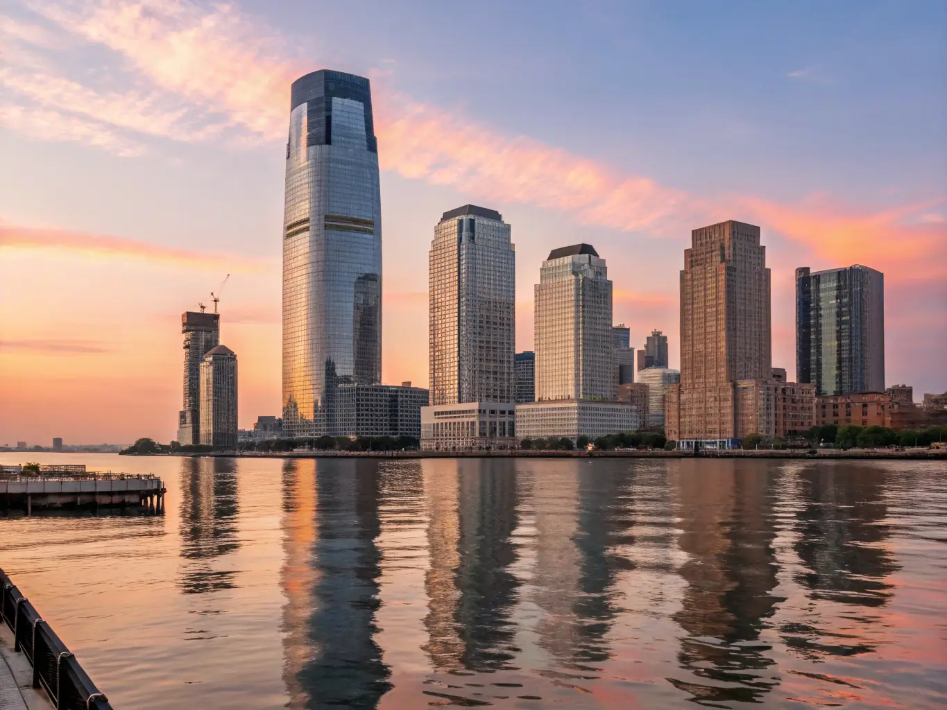 A picturesque view of Hoboken, New Jersey, with the Manhattan skyline in the background. The image should capture the blend of urban convenience and waterfront serenity that defines the city.