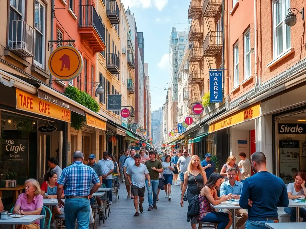A vibrant street scene in Greenwich Village, New York City, showcasing historic brownstones, bustling cafes, and pedestrians enjoying the neighborhood's unique atmosphere. The image should convey a sense of community and urban charm.