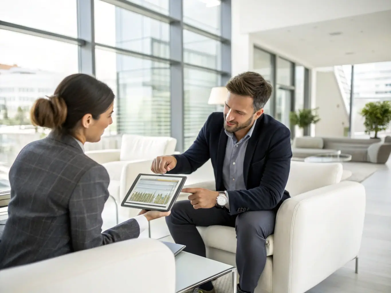 A consultant sitting with a client, reviewing property options on a tablet, with Miami skyline visible in the background, highlighting personalized service.
